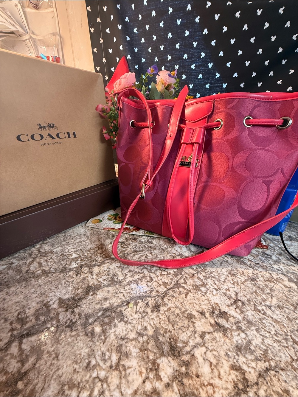 Coach Pink Signature Drawstring Tote with Adjustable Strap